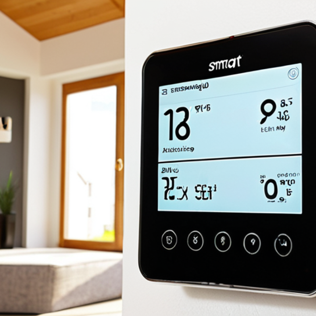 **Image Prompt:** A modern smart thermostat mounted on a living room wall, displaying a user-friendly interface with energy-saving settings. In the background, a well-insulated home with sunlight streaming through energy-efficient windows. This image should convey the concept of smart home integration and energy savings.