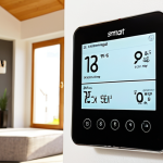 **Image Prompt:** A modern smart thermostat mounted on a living room wall, displaying a user-friendly interface with energy-saving settings. In the background, a well-insulated home with sunlight streaming through energy-efficient windows. This image should convey the concept of smart home integration and energy savings.