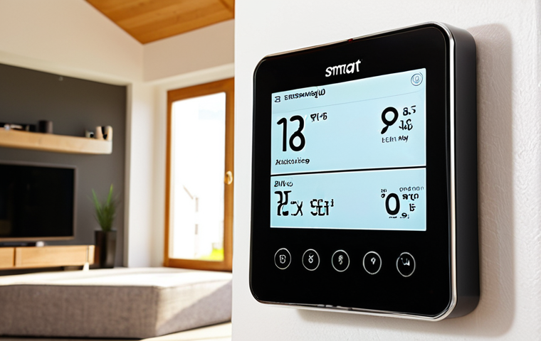**Image Prompt:** A modern smart thermostat mounted on a living room wall, displaying a user-friendly interface with energy-saving settings. In the background, a well-insulated home with sunlight streaming through energy-efficient windows. This image should convey the concept of smart home integration and energy savings.