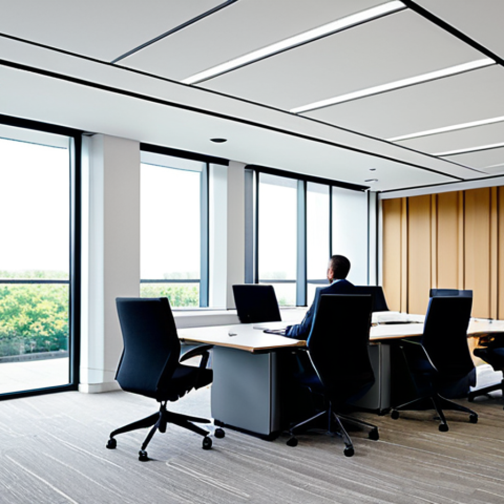 A professional, diverse group of individuals focused on their work in a modern, open-plan office. The space features strategically placed acoustic wall panels in muted tones, soft carpets, and high-backed upholstered seating to absorb sound. Natural light streams through large windows, creating a bright yet serene atmosphere. People are fully clothed in modest business casual attire, engaged in quiet collaboration or individual tasks. The scene conveys a sense of calm productivity and an acoustically optimized environment. High-resolution professional photography, appropriate content, safe for work, perfect anatomy, correct proportions, natural pose, well-formed hands, proper finger count, natural body proportions, professional dress, family-friendly.