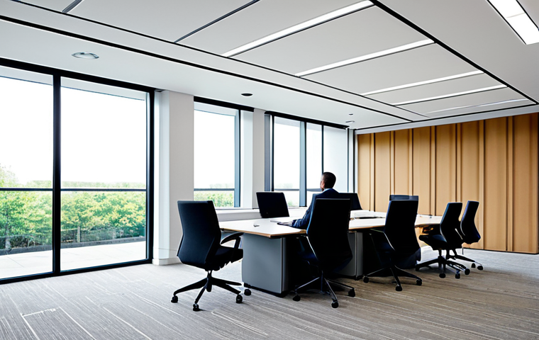 A professional, diverse group of individuals focused on their work in a modern, open-plan office. The space features strategically placed acoustic wall panels in muted tones, soft carpets, and high-backed upholstered seating to absorb sound. Natural light streams through large windows, creating a bright yet serene atmosphere. People are fully clothed in modest business casual attire, engaged in quiet collaboration or individual tasks. The scene conveys a sense of calm productivity and an acoustically optimized environment. High-resolution professional photography, appropriate content, safe for work, perfect anatomy, correct proportions, natural pose, well-formed hands, proper finger count, natural body proportions, professional dress, family-friendly.