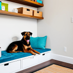 Cozy Apartment Pet Corner**

A well-organized corner in a modern apartment dedicated to a happy, medium-sized dog. A comfortable dog bed is tucked next to a stylish coffee table with built-in storage filled with dog toys. Wall-mounted shelves hold neatly arranged dog food containers and grooming supplies. The dog is calmly sitting on the bed, looking content. Natural light fills the room. *safe for work*, *appropriate content*, *fully clothed* (implied for humans if present), *professional photography*, *perfect anatomy*, *natural proportions*, *family-friendly*, *well-lit*, *home interior*.

**