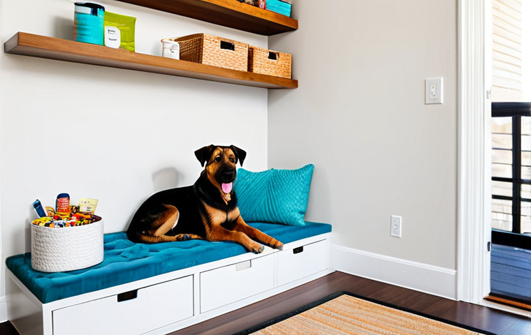 Cozy Apartment Pet Corner**
A well-organized corner in a modern apartment dedicated to a happy, medium-sized dog. A comfortable dog bed is tucked next to a stylish coffee table with built-in storage filled with dog toys. Wall-mounted shelves hold neatly arranged dog food containers and grooming supplies. The dog is calmly sitting on the bed, looking content. Natural light fills the room. *safe for work*, *appropriate content*, *fully clothed* (implied for humans if present), *professional photography*, *perfect anatomy*, *natural proportions*, *family-friendly*, *well-lit*, *home interior*.
**