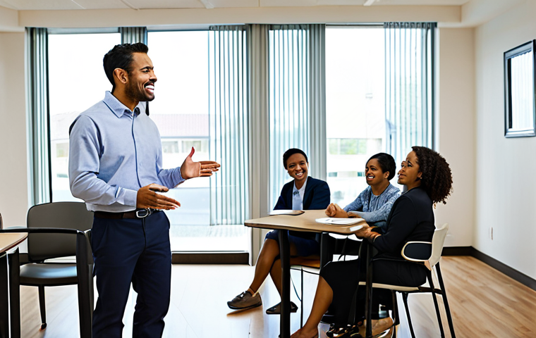 Landlord Addressing Tenants in a Community Room**
"A friendly and approachable landlord, fully clothed in business casual attire, standing in a well-lit community room, addressing a group of diverse, fully clothed tenants. The room is clean and modern, with comfortable seating. The atmosphere is positive and collaborative. Include elements that suggest community building and open communication. safe for work, appropriate content, family-friendly, perfect anatomy, correct proportions, natural pose, professional photography, high quality."
**
