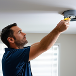 Electrician Installing Recessed Lighting**

"A professional electrician, fully clothed in work attire, installing recessed LED lighting in a modern living room. Safe for work. The room is well-lit with drywall partially repaired, showing the process. Includes tools, wiring. Proper finger count, natural body proportions, perfect anatomy, appropriate content, professional scene. High quality, detailed, realistic."

**