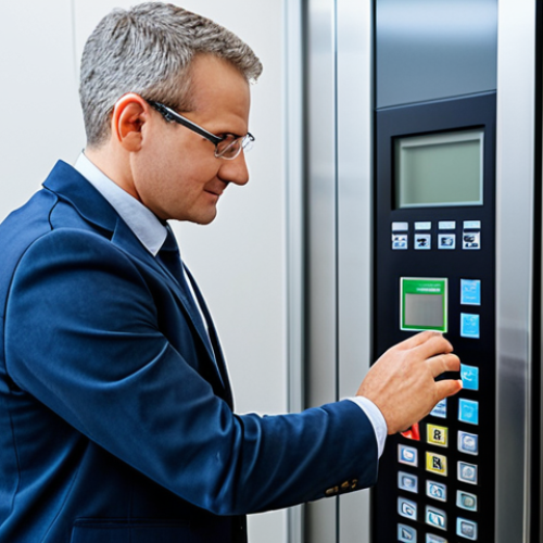 Home 6 승강기 안전 검사 주기 - Modern Office Elevator Inspection**
"A certified elevator technician in appropriate work attire, fu...