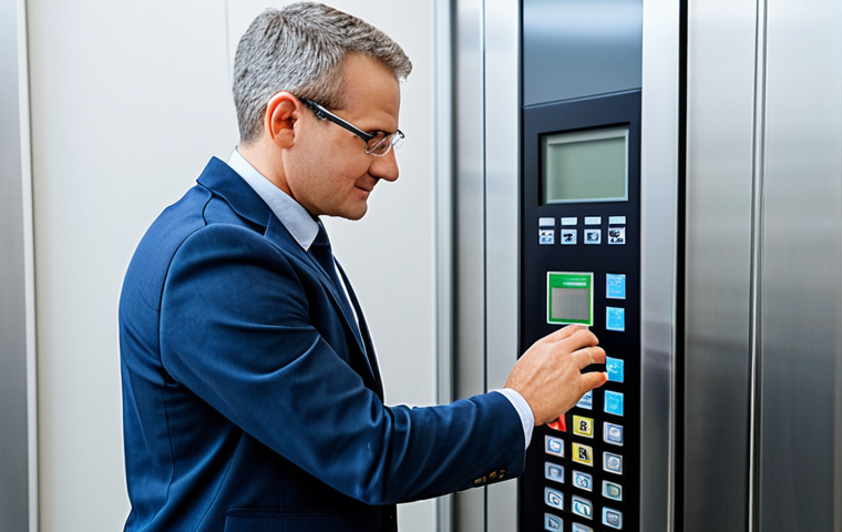 승강기 안전 검사 주기 - Modern Office Elevator Inspection**
"A certified elevator technician in appropriate work attire, fu...