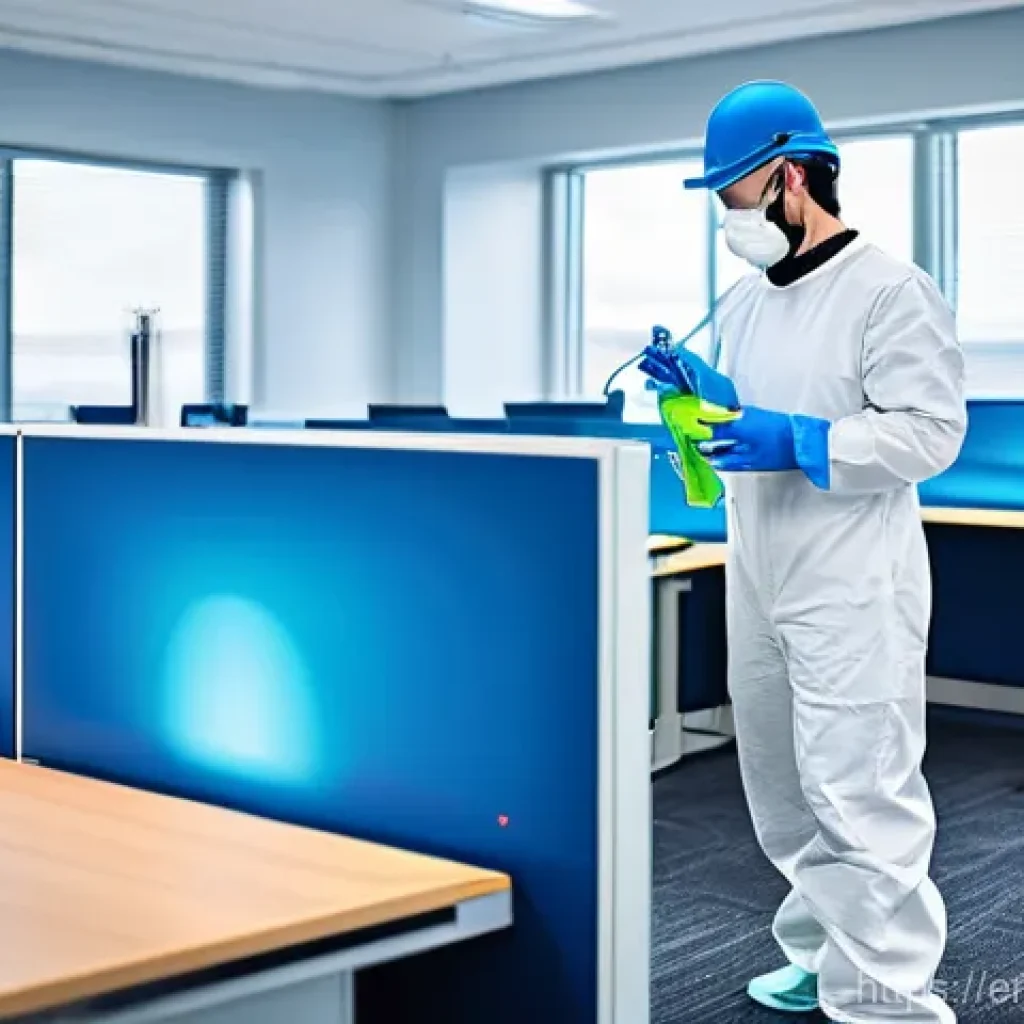 건물 정기 소독 서비스 - **Prompt:** A state-of-the-art office environment after a professional deep disinfection. Sunlight s...