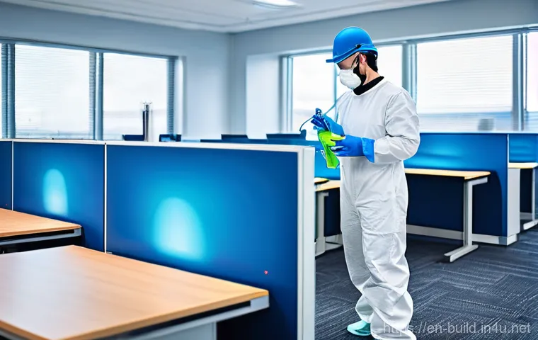 건물 정기 소독 서비스 - **Prompt:** A state-of-the-art office environment after a professional deep disinfection. Sunlight s...