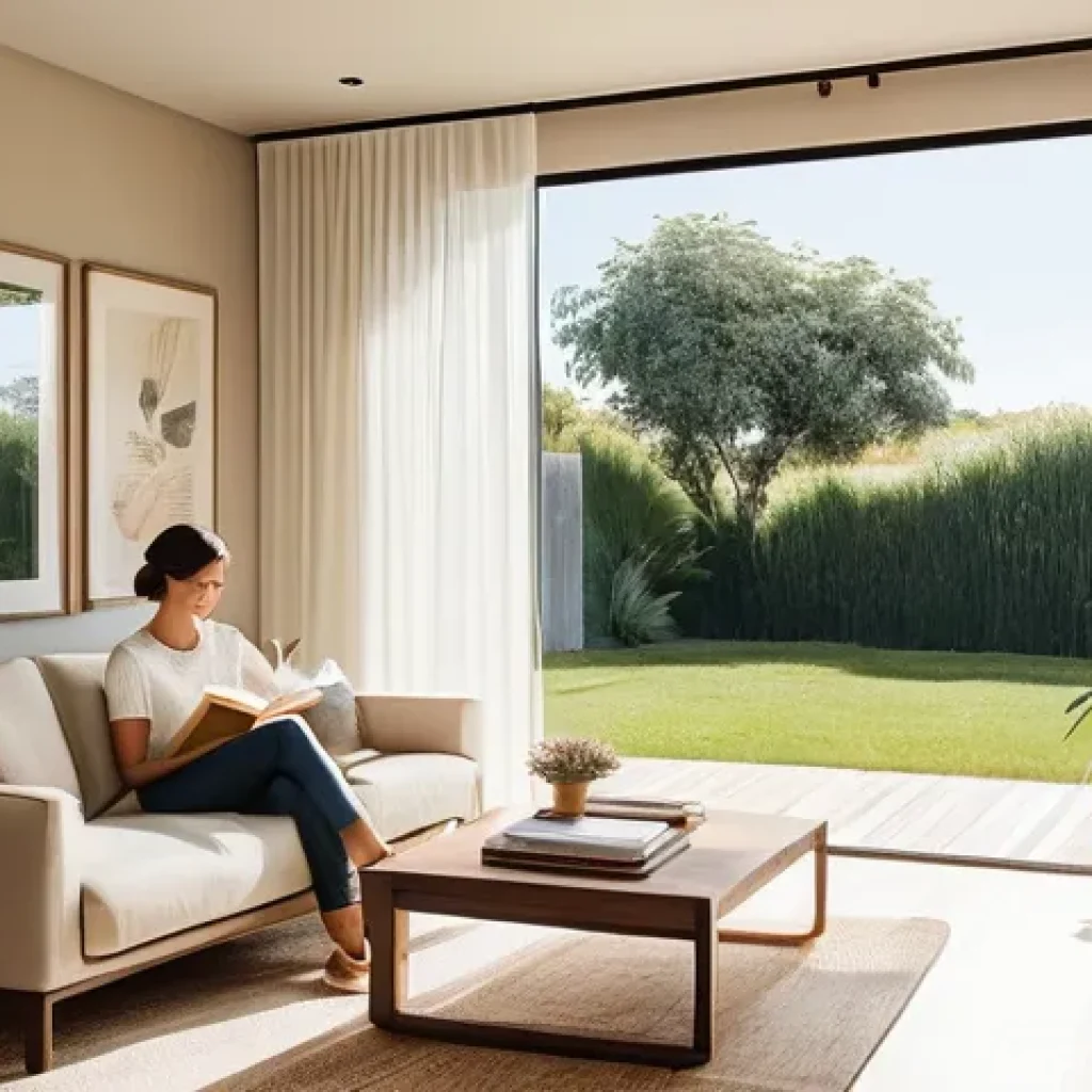 방범 창 설치 효과 - **Prompt 1: Serene Open Living with Natural Breeze**
"A cozy and bright living room on a warm, s...
