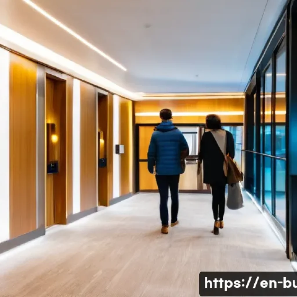 공용 전기료 부과 방식 - A modern apartment building lobby at dusk, featuring energy-efficient LED lighting illuminating hall...