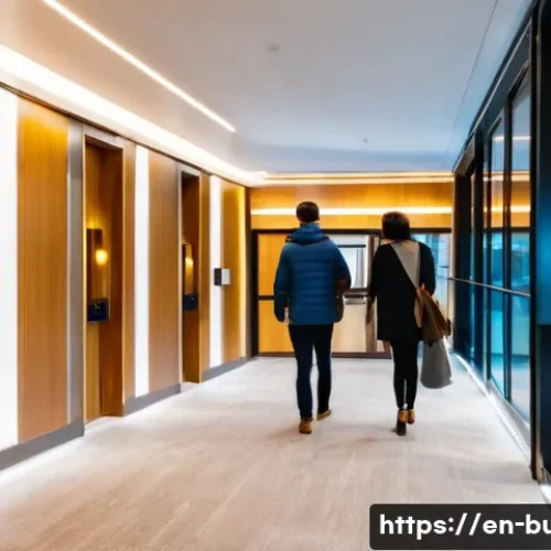 공용 전기료 부과 방식 - A modern apartment building lobby at dusk, featuring energy-efficient LED lighting illuminating hall...