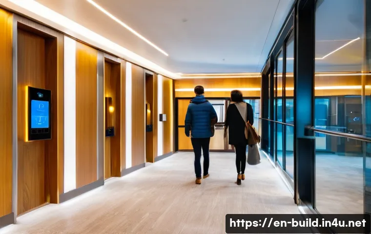 공용 전기료 부과 방식 - A modern apartment building lobby at dusk, featuring energy-efficient LED lighting illuminating hall...