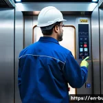 엘리베이터 정기 점검 - A highly detailed scene of a professional elevator technician performing a comprehensive safety insp...