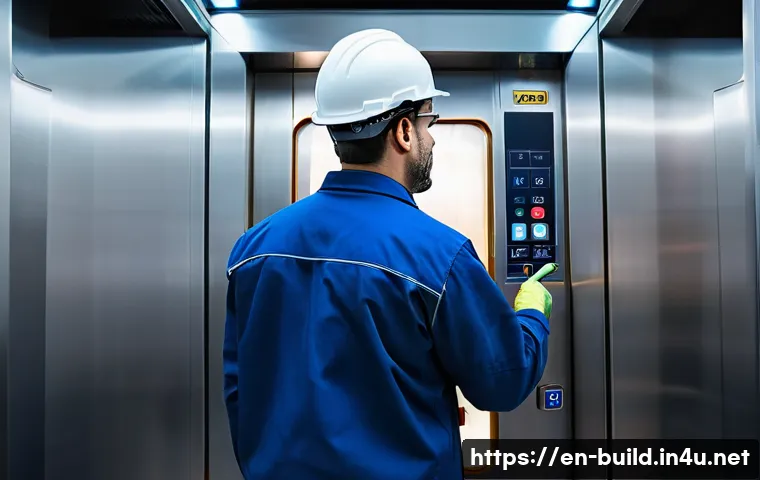 엘리베이터 정기 점검 - A highly detailed scene of a professional elevator technician performing a comprehensive safety insp...