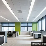 건물 내 전기료 절약 기술 - A modern commercial office interior featuring sleek LED lighting fixtures installed in the ceiling, ...