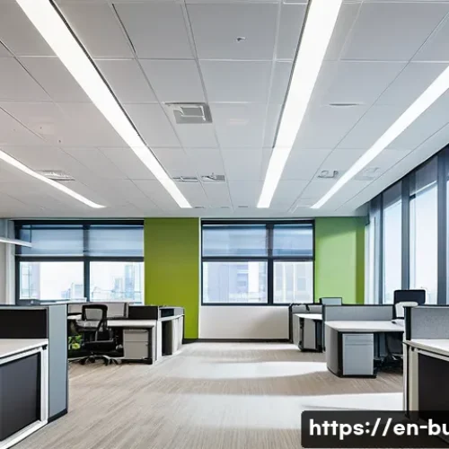 건물 내 전기료 절약 기술 - A modern commercial office interior featuring sleek LED lighting fixtures installed in the ceiling, ...