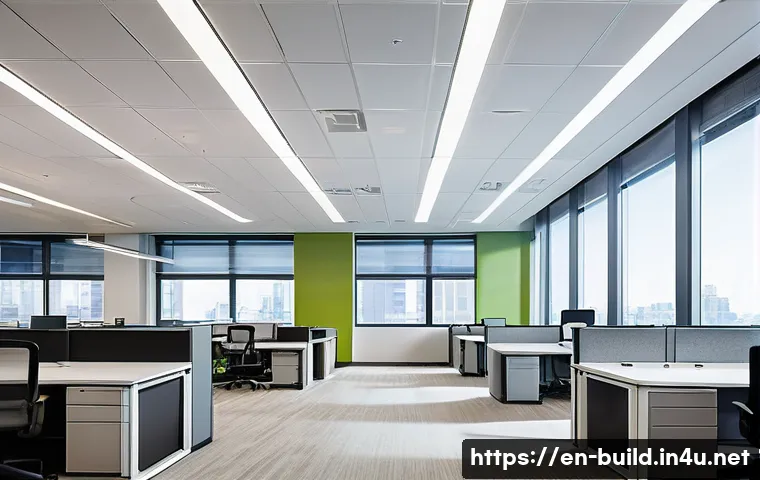 건물 내 전기료 절약 기술 - A modern commercial office interior featuring sleek LED lighting fixtures installed in the ceiling, ...