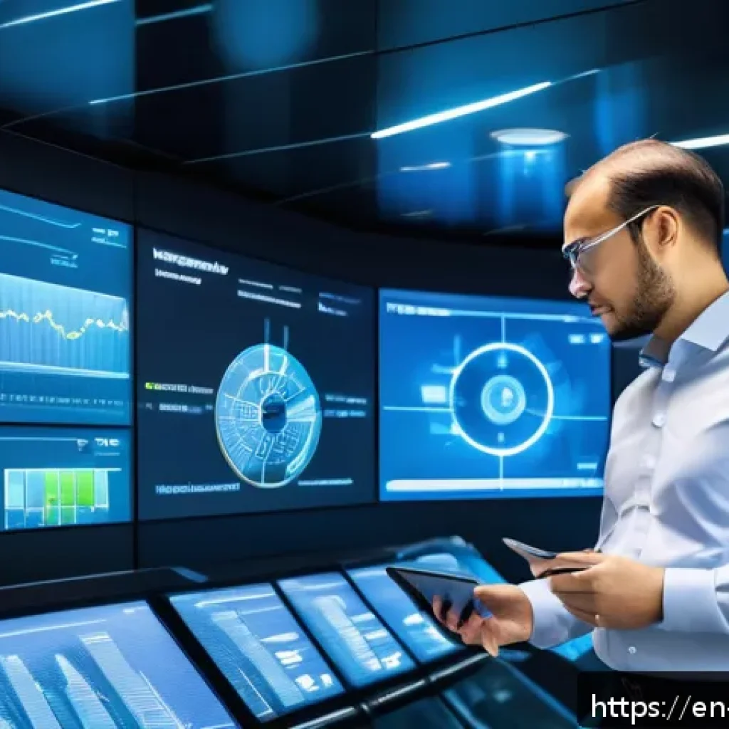 건물 유지관리 트렌드 - A futuristic smart building control room with multiple large digital screens displaying AI-driven pr...