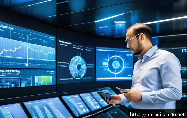 건물 유지관리 트렌드 - A futuristic smart building control room with multiple large digital screens displaying AI-driven pr...