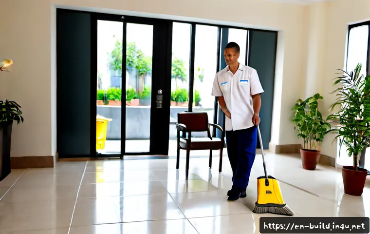 Home 17 공용공간 청소 관리 - Photorealistic bright apartment building lobby during shared-space cleaning, professional custodian ...