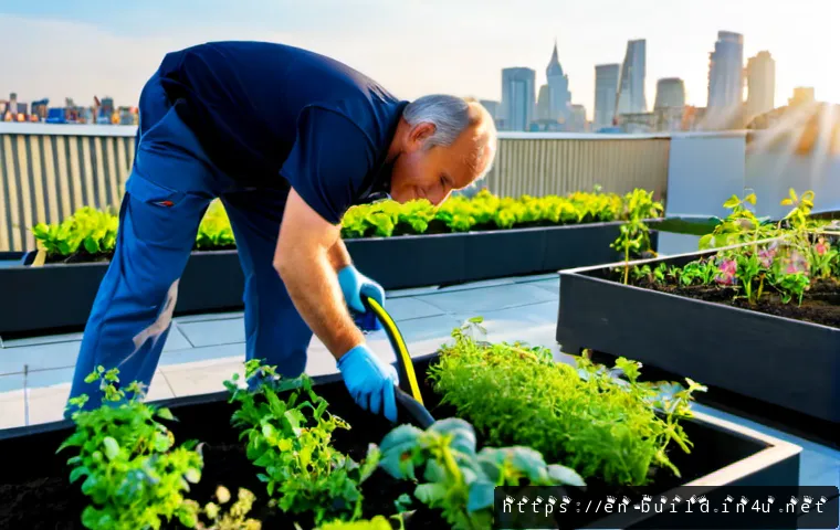 옥상 정원 유지 관리 - Photorealistic rooftop garden maintenance scene on a modern urban apartment building, a middle-aged ...