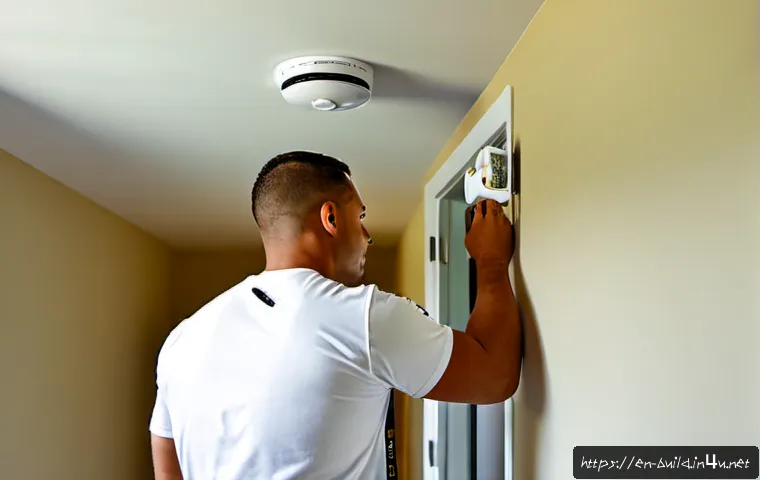 화재 경보기 설치 및 관리 - Photorealistic home safety scene, a certified electrician in clean work clothes installing a white s...